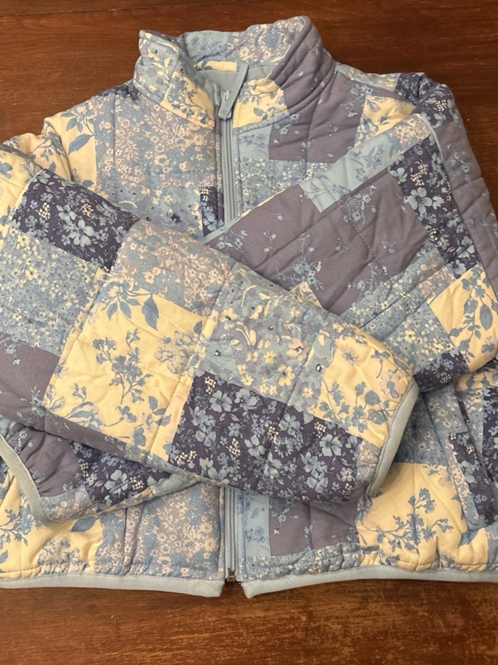 Altar'd State Quilted Patchwork Puffer Jacket in Light Blue, Cream and Lavender